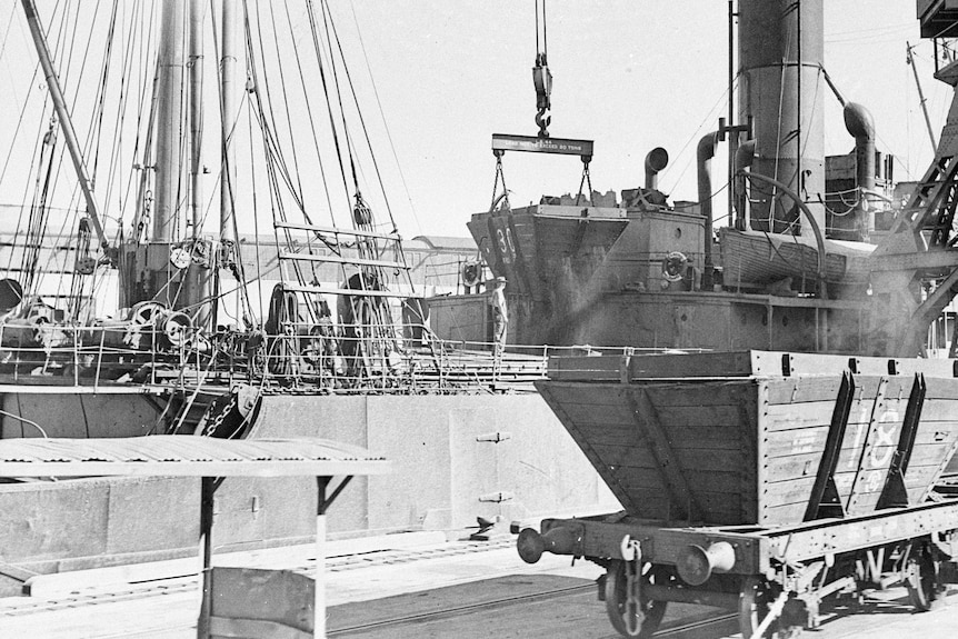 The outside of the coal mine load docking station, black and white photo