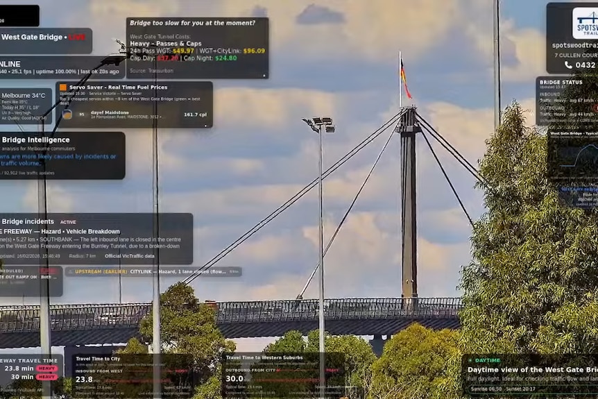 A screenshot of the West Gate Bridge livestream which runs on YouTube.