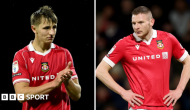 Wrexham defender Max Cleworth (left) and striker Paul Mullin