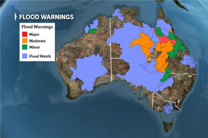 A map of Australia with brightly coloured patches indicating major, moderate, minor flood warnings as well as floodwatch areas.