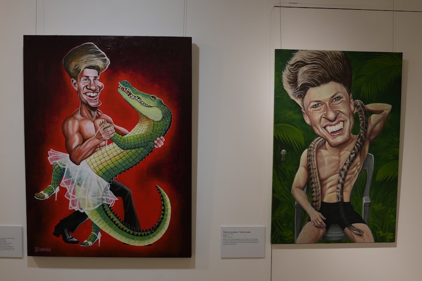 One portrait shows Bob dancing with a crocodile in a tutu and the other is him shirtless with a snake draped over his shoulders.