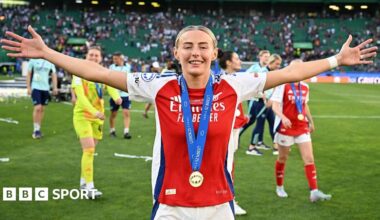 Arsenal's players celebrate lifting the Women's Champions League trophy