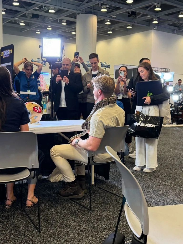 Robert Irwin’s snake went with him to multiple interviews during his time at Super Bowl Radio row on Thursday. Edward Lewis/California Post