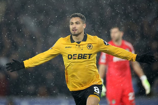 Joao Gomes of Wolverhampton Wanderers celebrates scoring his team's first goal.
