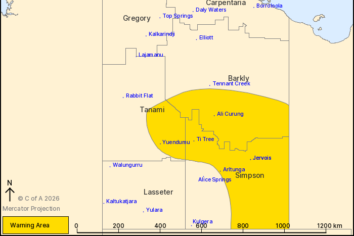 Map shows weather warning over parts of the NT