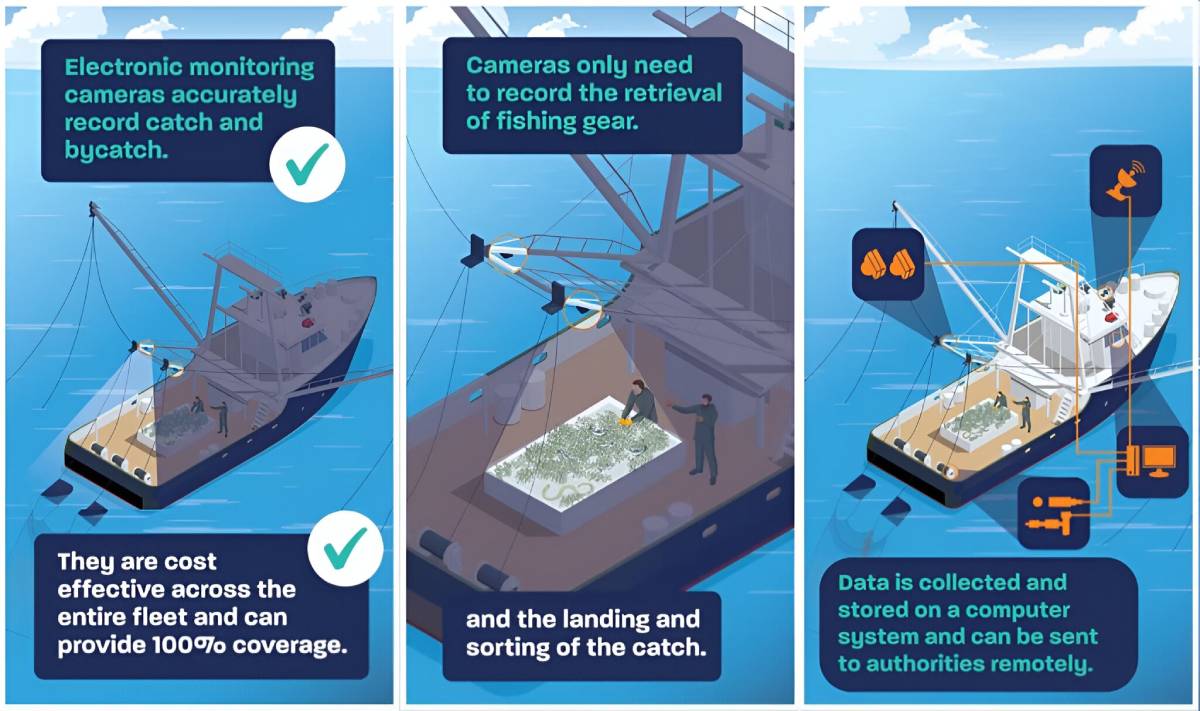 Three diagrams showing where the cameras go on a boat.