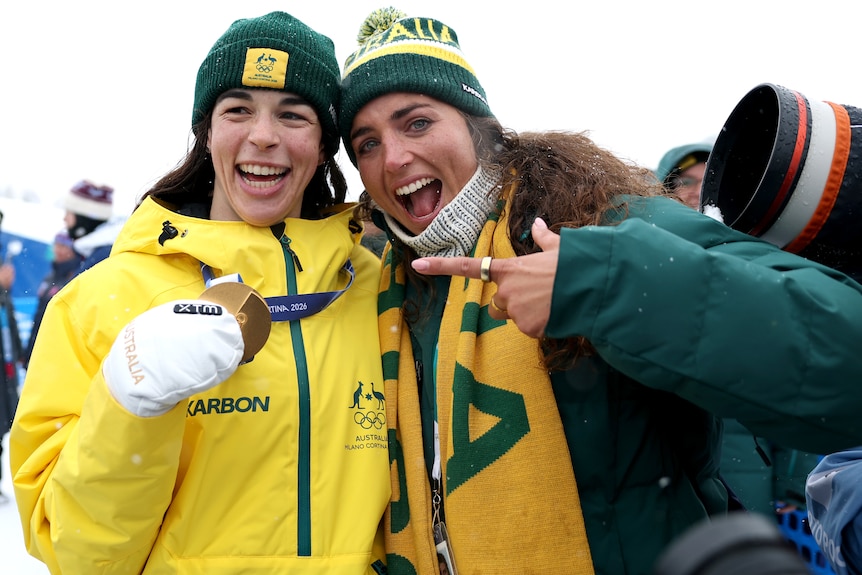 Jakara Anthony with her gold medal alongside Jessica Fox.