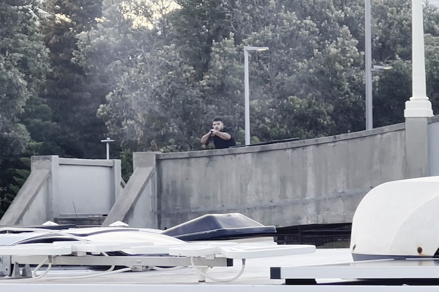 A man some distance away on a footbridge points a rifle or shotgun at the camera.