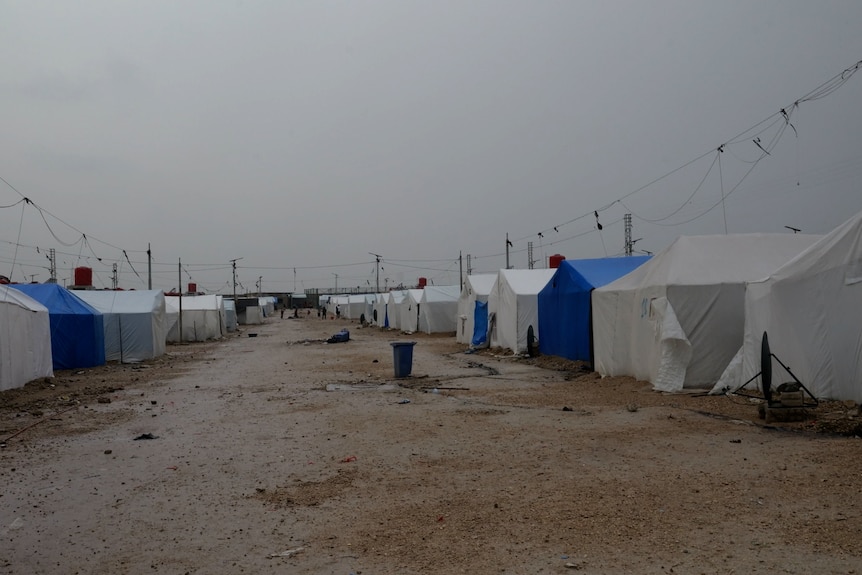 Rows of blue and white tents along a dirt path, with no people in sight.