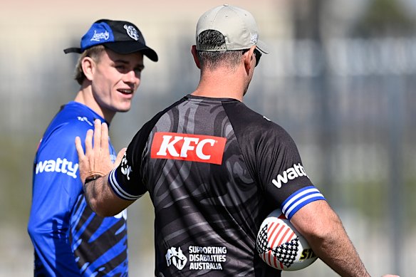 Off limits: Lachlan Galvin (left) gets some guidance from Bulldogs coach Cameron Ciraldo at training in Las Vegas.