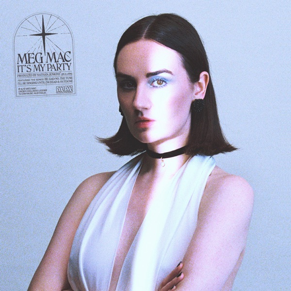 Woman in a white halter top with a choker against a pale backdrop with title text saying Meg Mac It's My Party