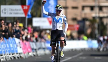 VALENCIA, SPAIN - FEBRUARY 08: Liane Lippert of Germany and Team Movistar celebrates at finish line as race winner during the 8th VCV Feminas Gran Premio Tuawa 2026 a 94.7km one day race from Betera to Valencia on February 08, 2026 in Valencia, Spain. (Photo by Szymon Gruchalski/Getty Images)