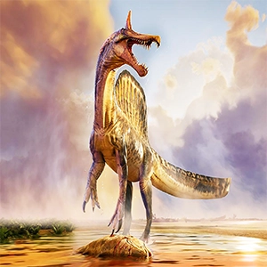 In an artist's recreation, 'Spinosaurus mirabilis,' nicknamed the "Hell-heron." stands along the river’s edge over its prey some 95 million years ago. A scimitar-shaped head crest and interlocking teeth characterize this wading giant, one of the last-surviving spinosaurid species. Credit: Dani Navarro