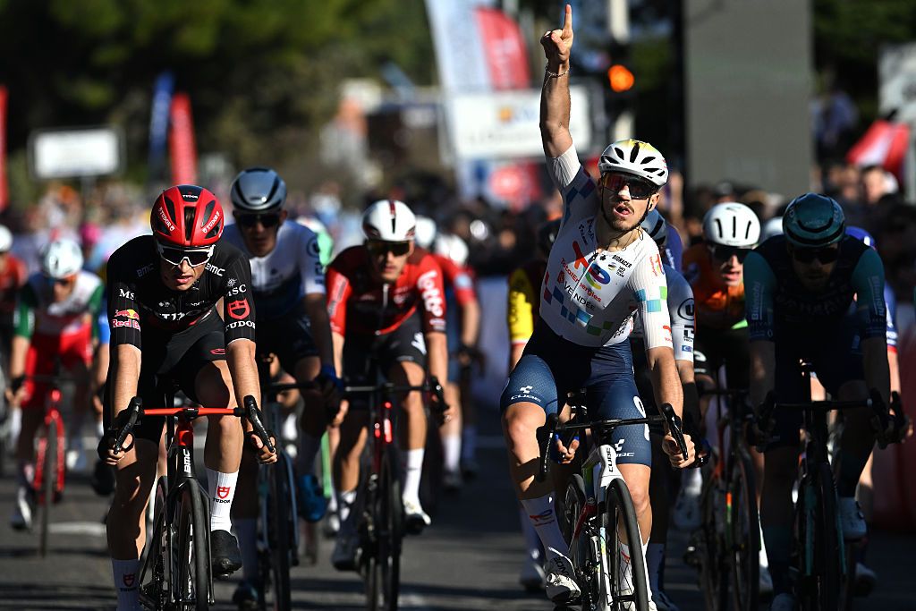 BRIGNOLES, FRANCE - FEBRUARY 21: Jason Tesson of France and Team TotalEnergies (R) celebrates at finish line as race winner during the 3rd Classic Var 2026 a 176.6km one day race from La Garde to Brignoles on February 21, 2026 in Brignoles, France. (Photo by Billy Ceusters/Getty Images)