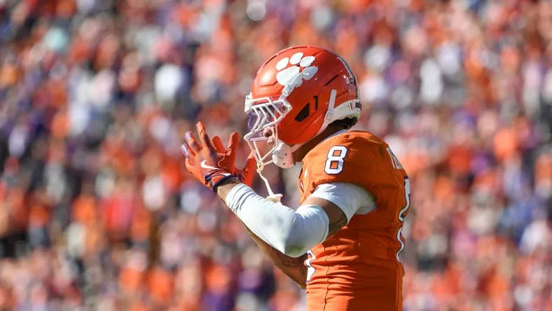 Nov 1, 2025; Clemson, South Carolina, USA; Clemson Tigers cornerback Avieon Terrell (8) reacts to a pass interference call during the NCAA football game against the Duke Blue Devil at Memorial Stadium. Mandatory Credit: Alex Martin-Imagn Images