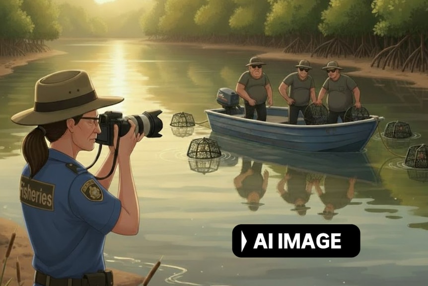 An AI generated image of a woman with a camera taking a photo of several men in a boat