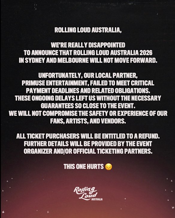 Friday’s social media post announcing that Rolling Loud Australia has been cancelled.