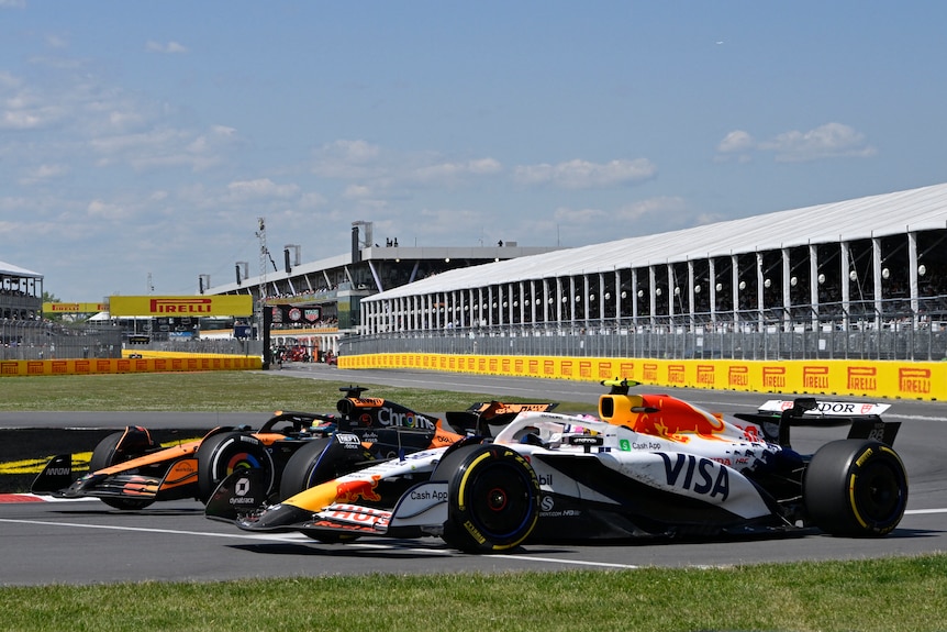 Oscar Piastri and Liam Lawson race in Montreal on track