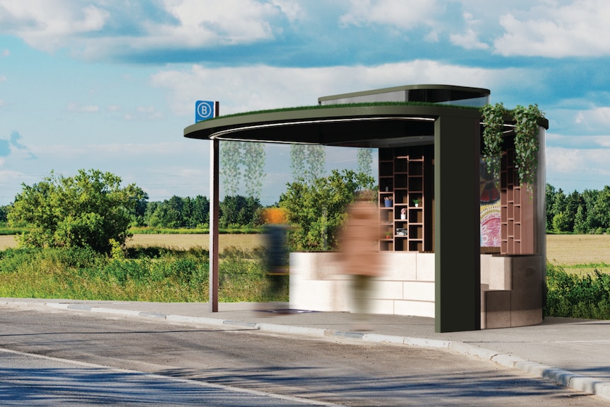 A flier depicting a bus stop with vines on top of it, an Indigenous artwork on it and a space for a wheelchair.