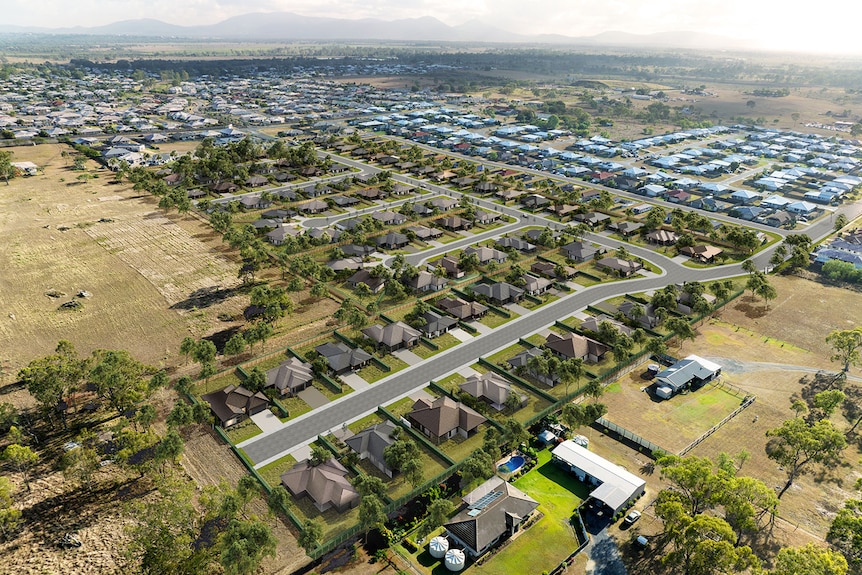 A rendered image of a road lined with houses.