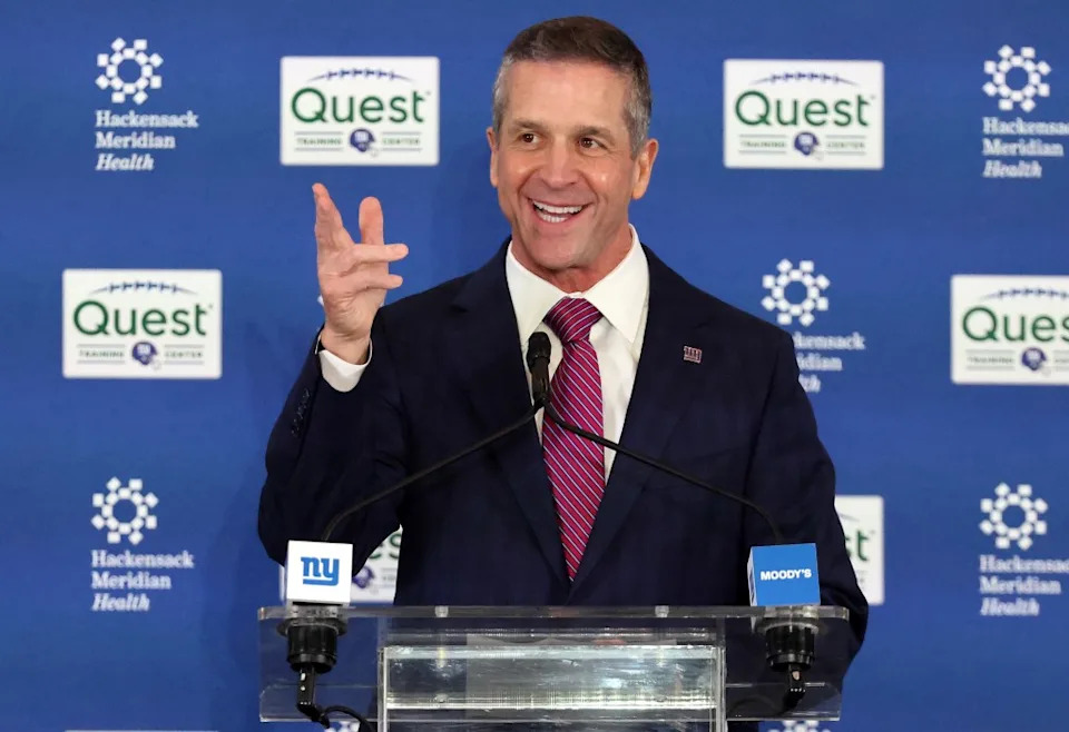 John Harbaugh talks to the media during his introductory press conference as the Giants’ new head coach. Charles Wenzelberg / New York Post