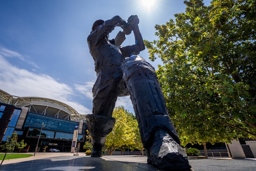 The statue of Sir Donald Bradman outside Adelaide Oval.