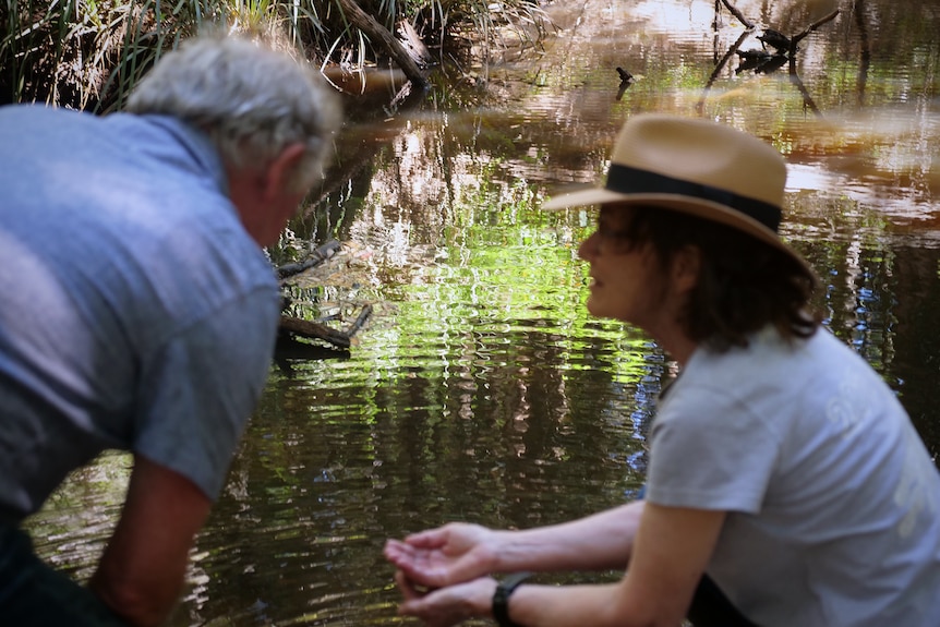 Pam O'Sullivan and Gary Chestnut stand near a creek in the wetlands.