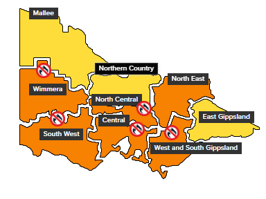 A map of Victoria with four districts shaded yellow where for a high fire danger and five in orange for an extreme danger.