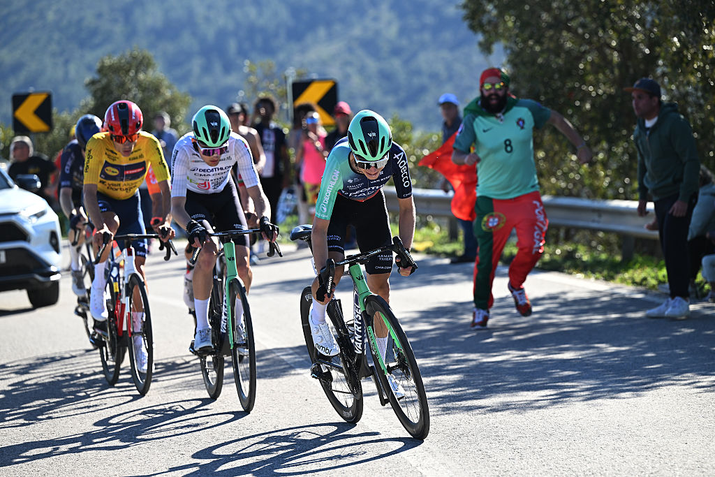 LOULE, PORTUGAL - FEBRUARY 22: (L-R) Paul Seixas of France - White best young jersey and Matthew Riccitello of United States and Team Decathlon CMA CGM compete during the 52nd Volta ao Algarve em Bicicleta 2026, Stage 5 a 148.4km stage from Faro to Malhao - Loule 512m on February 22, 2026 in Loule, Portugal. (Photo by Dario Belingheri/Getty Images)