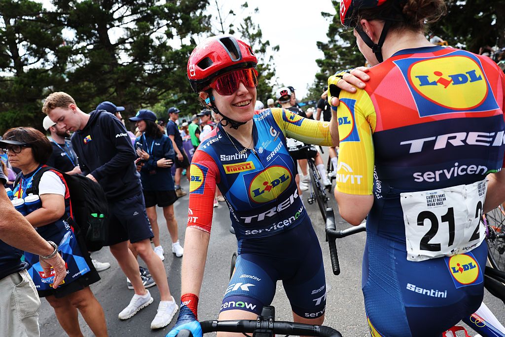 GEELONG, AUSTRALIA - JANUARY 31: Amanda Spratt of Australia and Team Lidl - Trek reacts after the 10th Mapei Cadel Evans Great Ocean Road Race 2026, Women&amp;apos;s Elite a 141.2km one day race from Geelong to Geelong / #UCIWWT / on January 31, 2026 in Geelong, Australia. (Photo by Con Chronis/Getty Images)