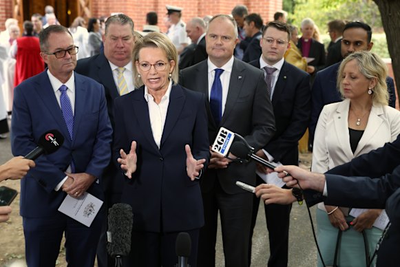 Opposition leader Sussan Ley addresses the media this morning.