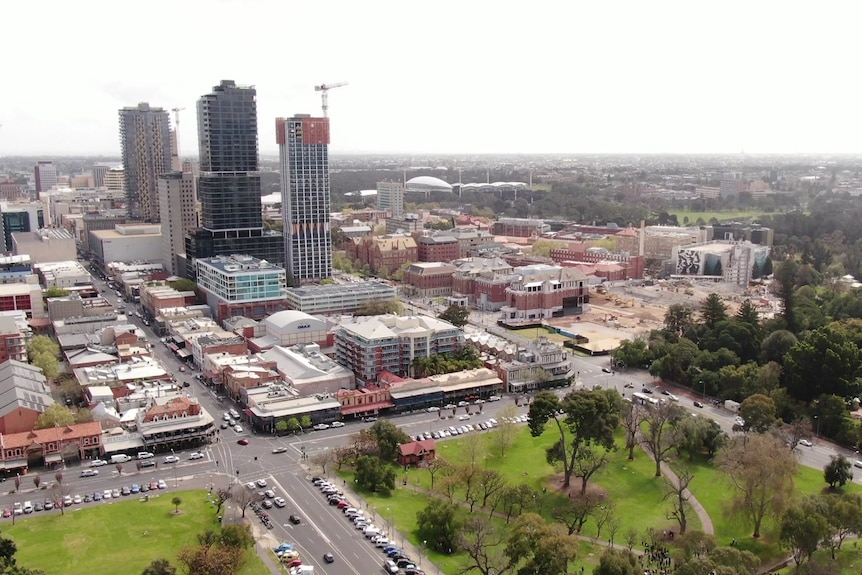 Buildings in Adelaide's east end and Rundle Park from a drone.