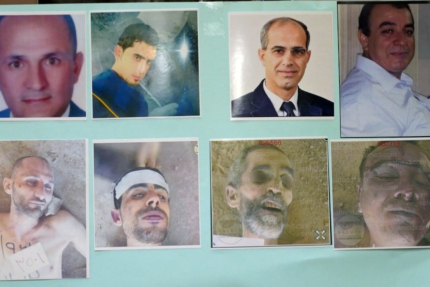 A poster with images of four men before and after they were imprisoned.