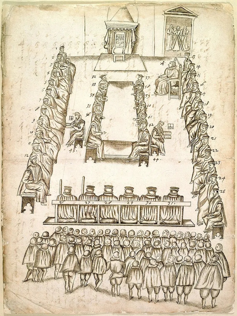 A drawing of a trial court room. 