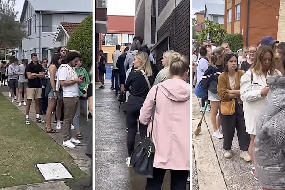 Three split images of renters queueing for properties. 