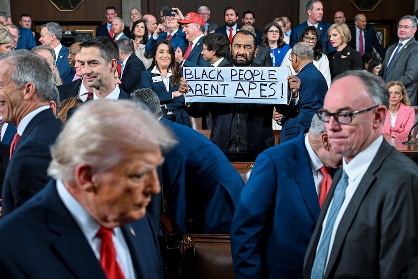 Al Green holds a sign that says "Black people aren't apes".