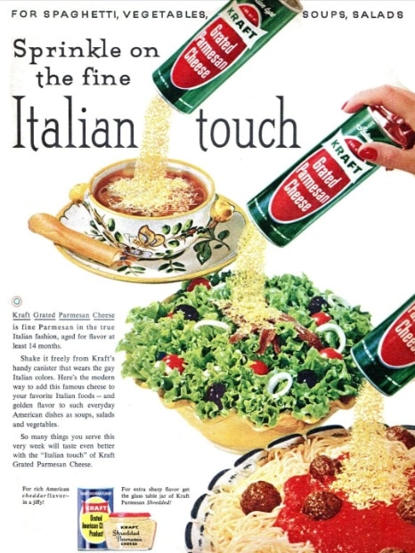 A colourful ad with the words Italian touch and parmesan cheese being sprinkled over food.