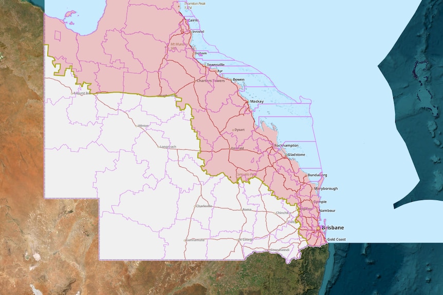 A map of Queensland with a jagged line in the middle heading roughly north-west to south-east.
