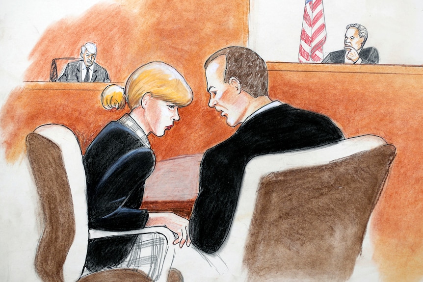 A court sketch of a blonde woman listening to a man. 