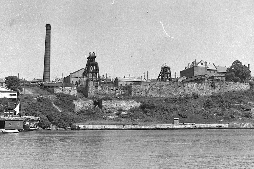 Balmain Colliery from the water, black and white picture.