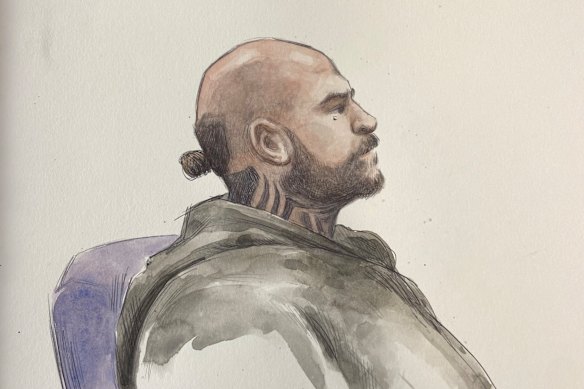 A court sketch of bikie David Pye, who is accused of paying a former soldier to shoot Martin.