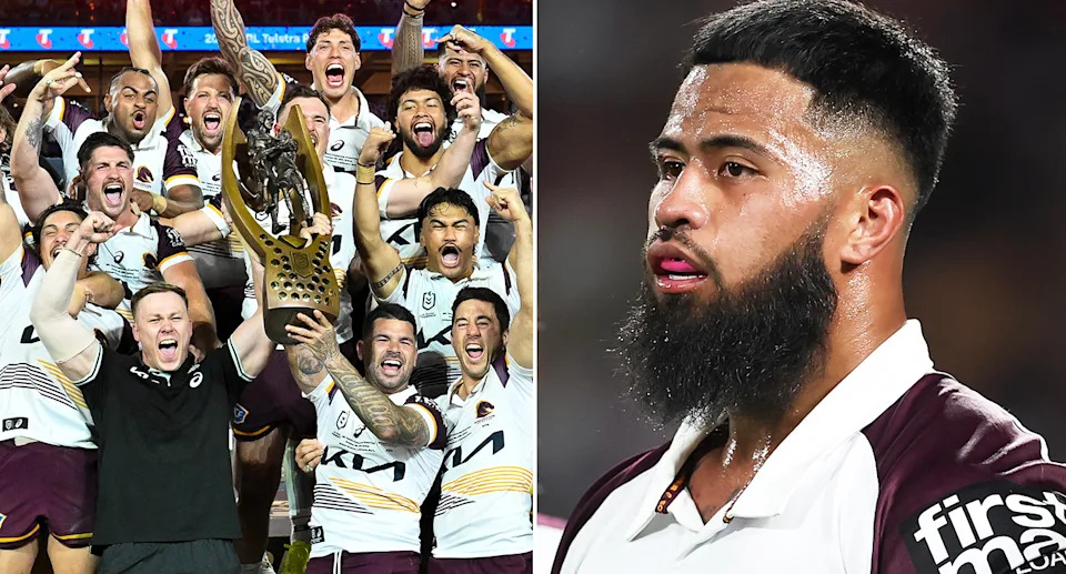 Payne Haas and Adam Reynolds alongside Brisbane Broncos teammates.