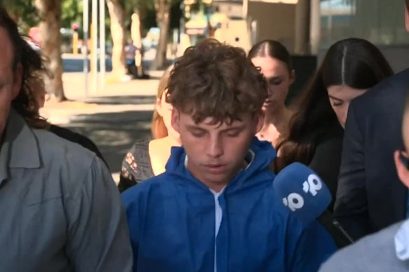 Brodie Dewar leaves court after a previous appearance in December.