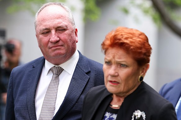 One Nation leader Pauline Hanson and her recruit, Barnaby Joyce, last month.
