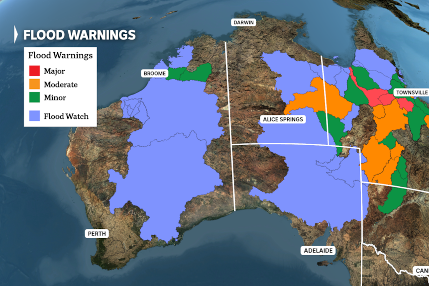 A map of Australia showing areas which are expecting heavy rainfall.