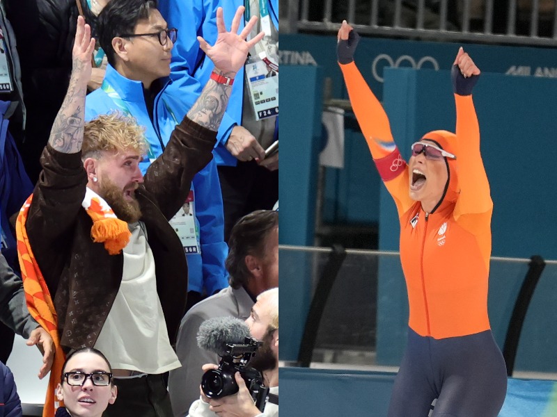 A composite of a Paul with his hands in the air in celebration and a Leerdam in orange doing the same.