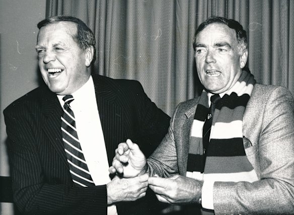 Those were the days: Victorian great Ted Whitten and South Australian counterpart Neil Kerley were the masters of promotion in the 1980s.