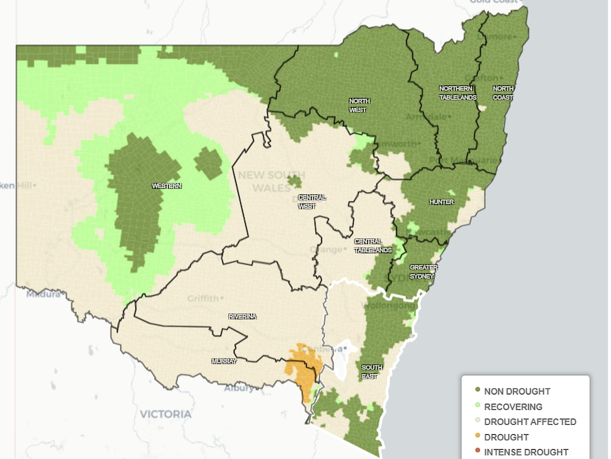 A map of showing that large parts of southern and western NSW are drought affected.