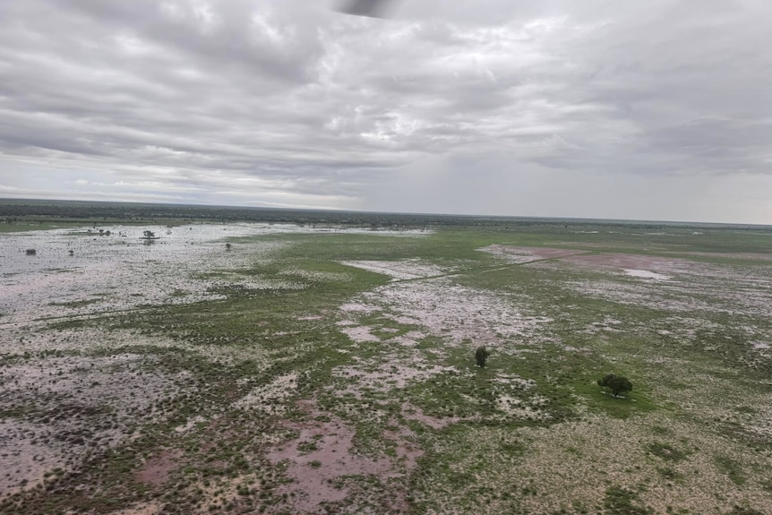 An aerial shot showing floodwater sitting on green ground under grey skies.