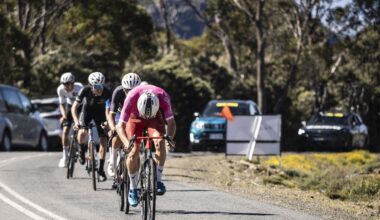 Connor Wright (Falcons Pedal Mafia) with head down and charging towards the win on stage 3 of the Tour of Tasmania, the second round of the 2026 ProVelo Super League